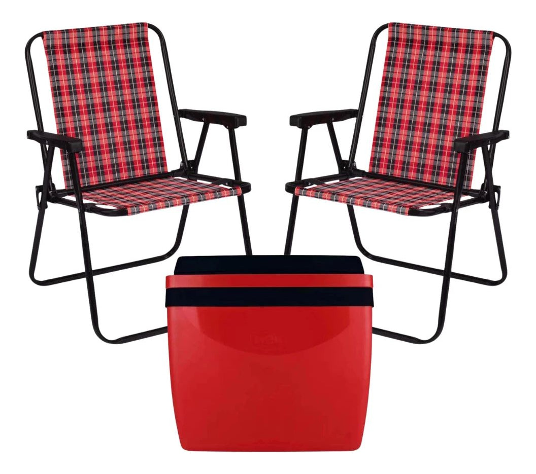 Kit Vermelho / Preto Caixa Térmica Cooler 34 L + 2 Cadeiras